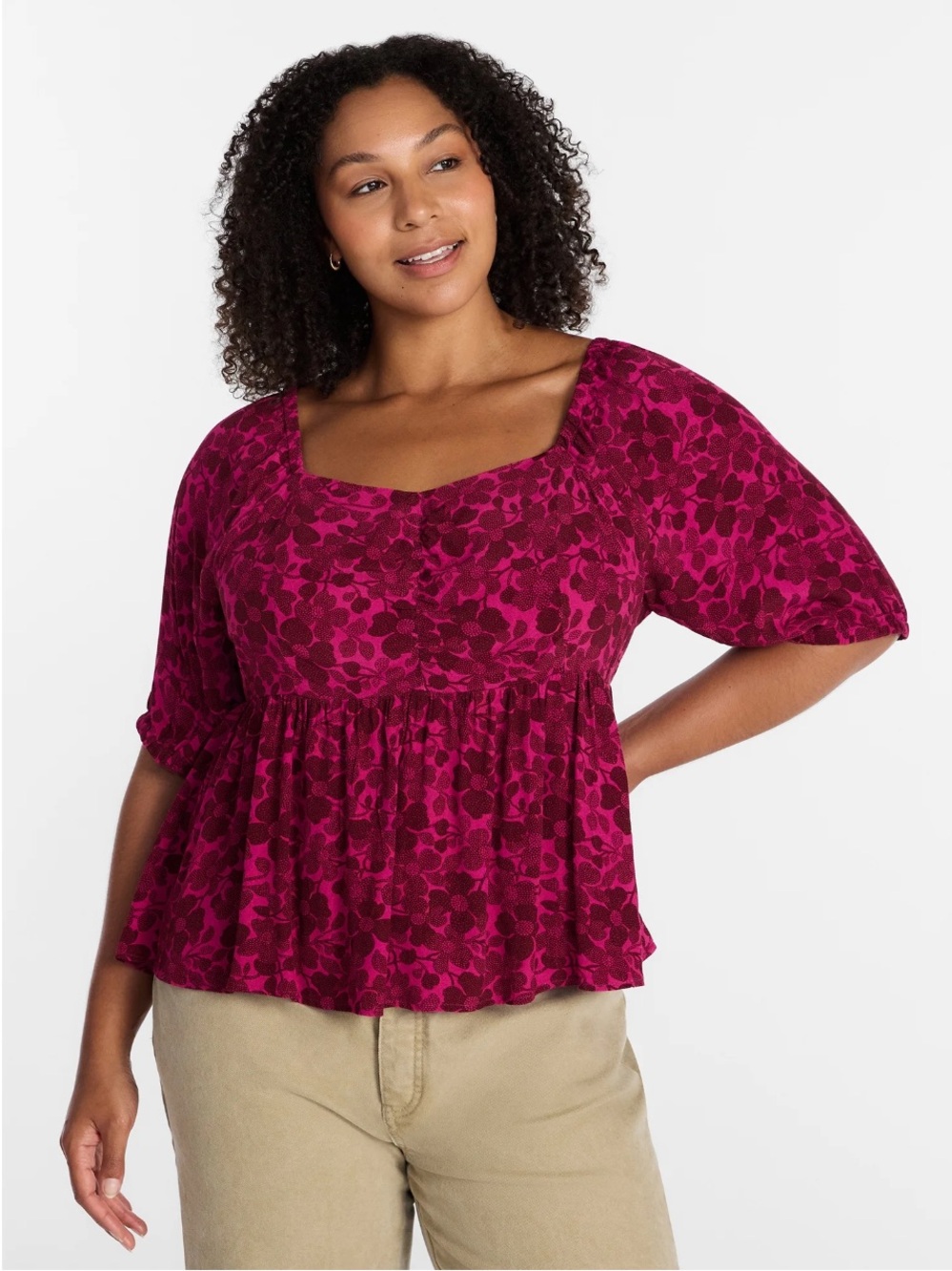 Terra & Sky Women's Plus Peplum Sweetheart Top Dotty Floral Dark Azalea Size 4X